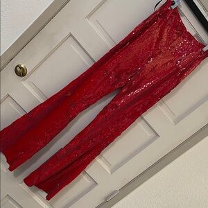 Michael Costello Red Sequin Wide Leg Jumpsuit